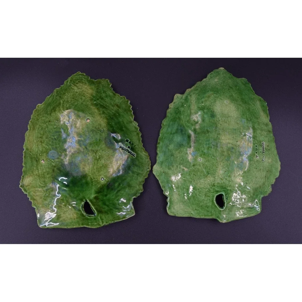 Vintage Made in Portugal Ceramic Leaf Plates Set of 2 Green Majolica Style 7.5